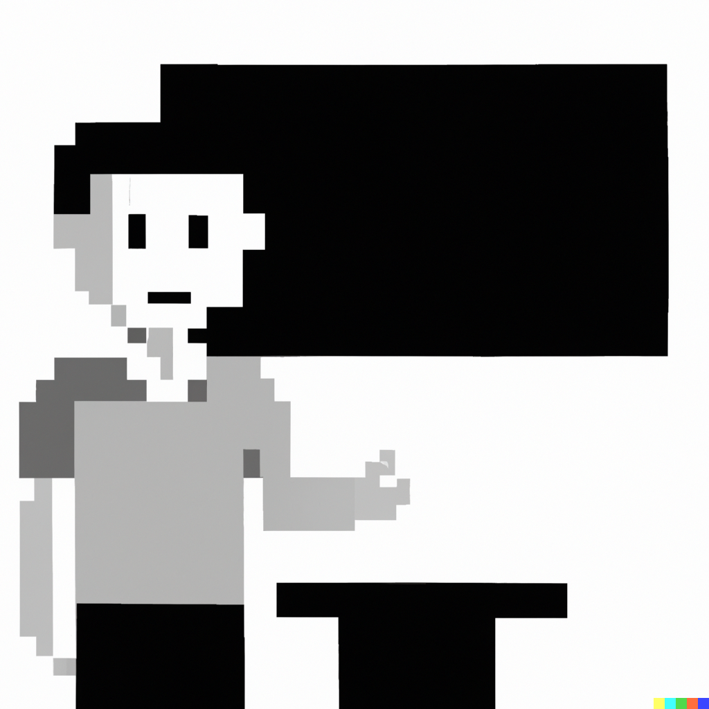 A teacher in front of a blackboard, pixel art