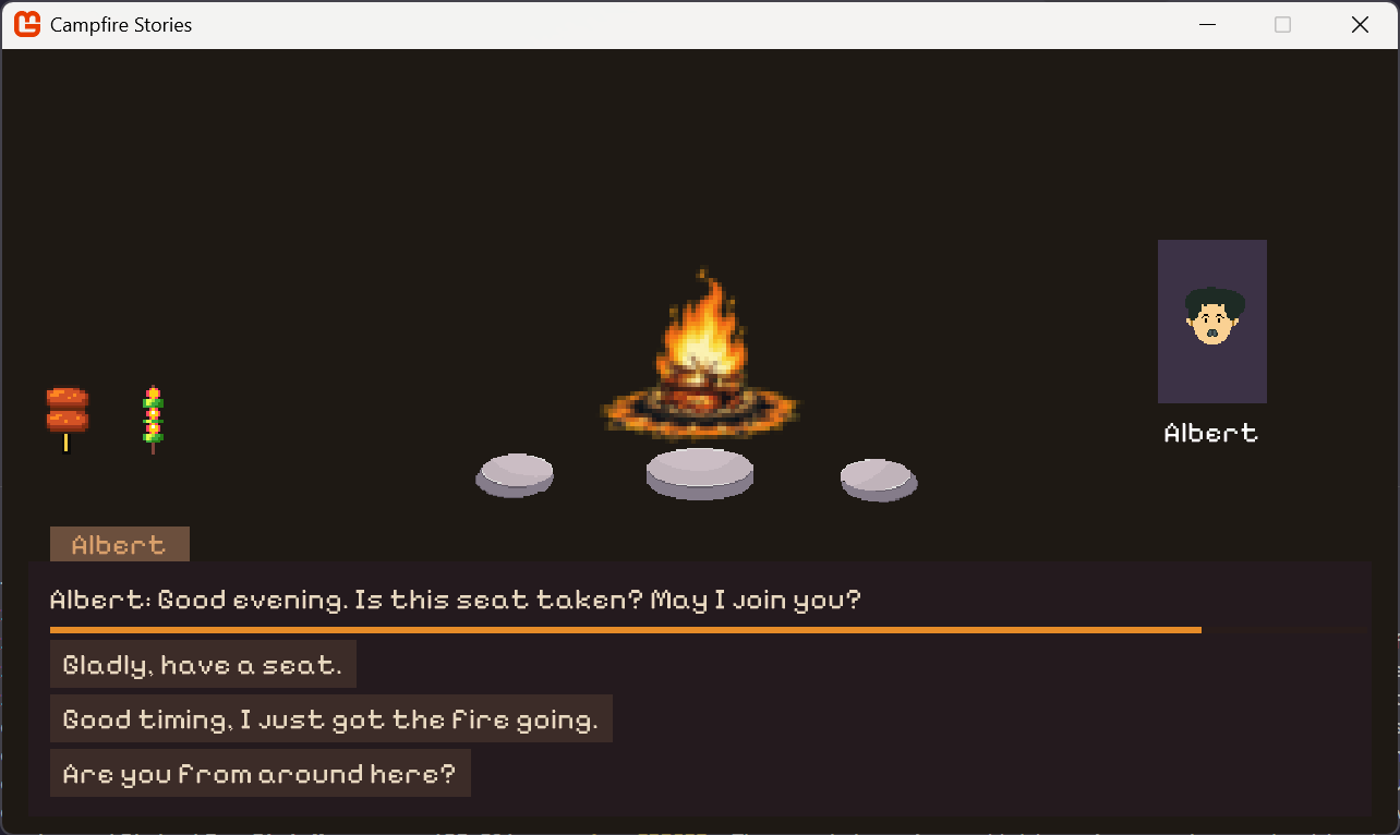 Campfire Stories — the fire, three stones, and Albert asking to join, over a dialogue box with three replies