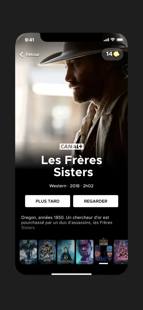 Popcorns — film detail screen showing Les Frères Sisters, with watch and watch-later actions
