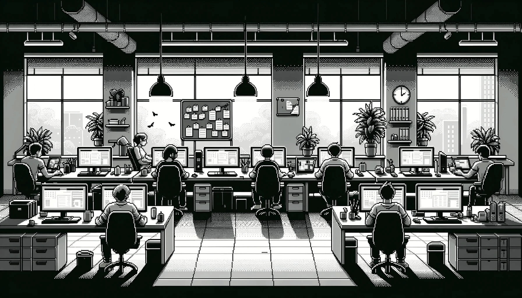 A room with large windows and five people working diligently at their individual workstations, with a shared whiteboard on one wall.