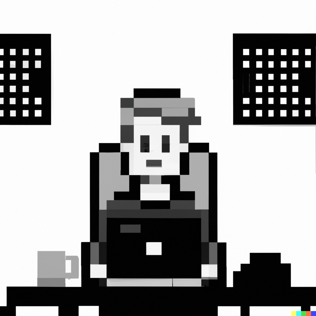 A developer at a laptop, pixel art