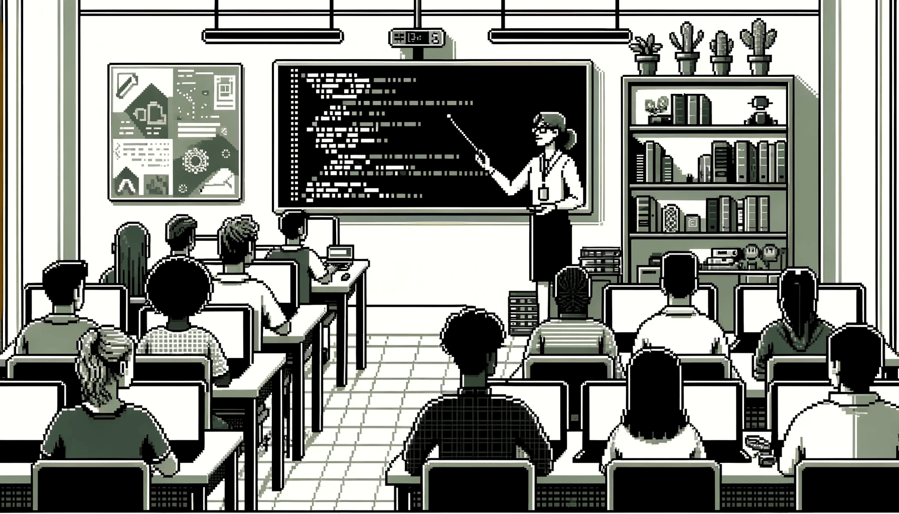 A classroom setting with a female teacher in front of a digital whiteboard displaying code, and students at desks with laptops.