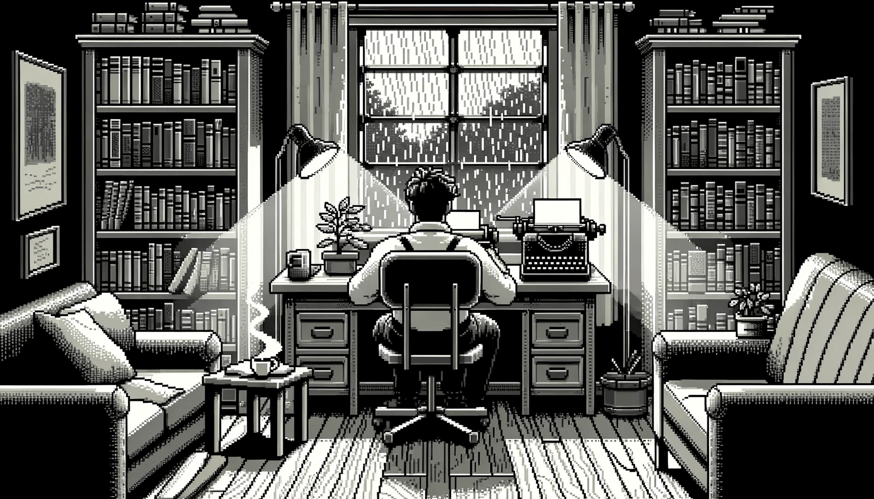 A software engineer in pixel art